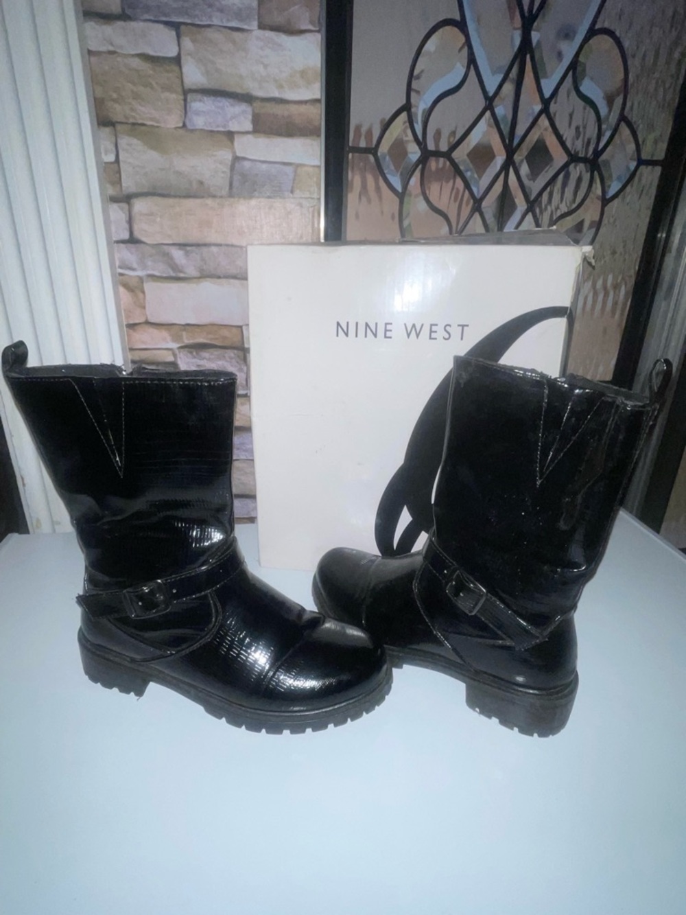 Nine West Black Patent Harness Mid-Calf Boots with Buckle